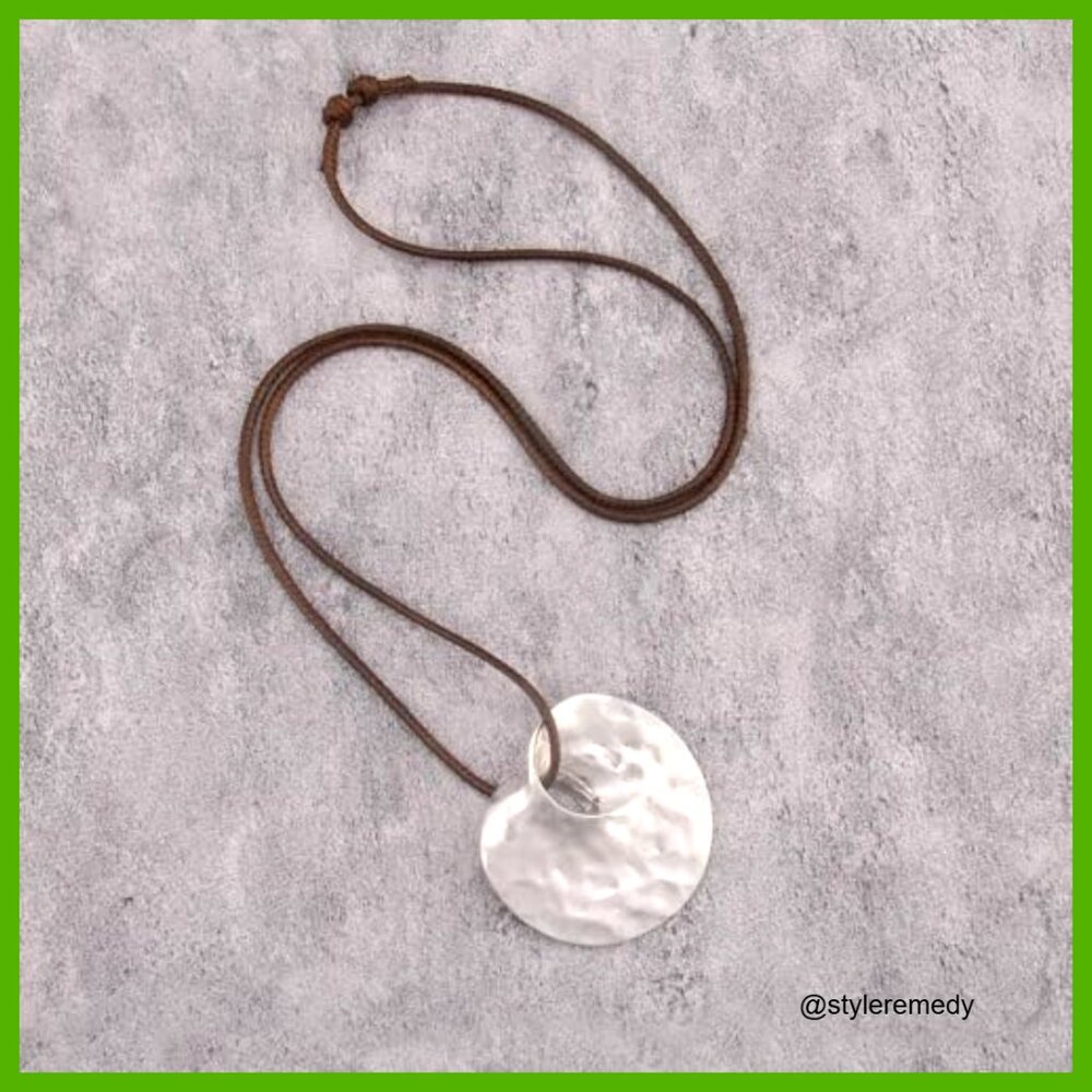 Chunky Bohemian Leather Choker Necklace, Adjustable Cord, Silver Pendant, 31.5 - Picture 4 of 7